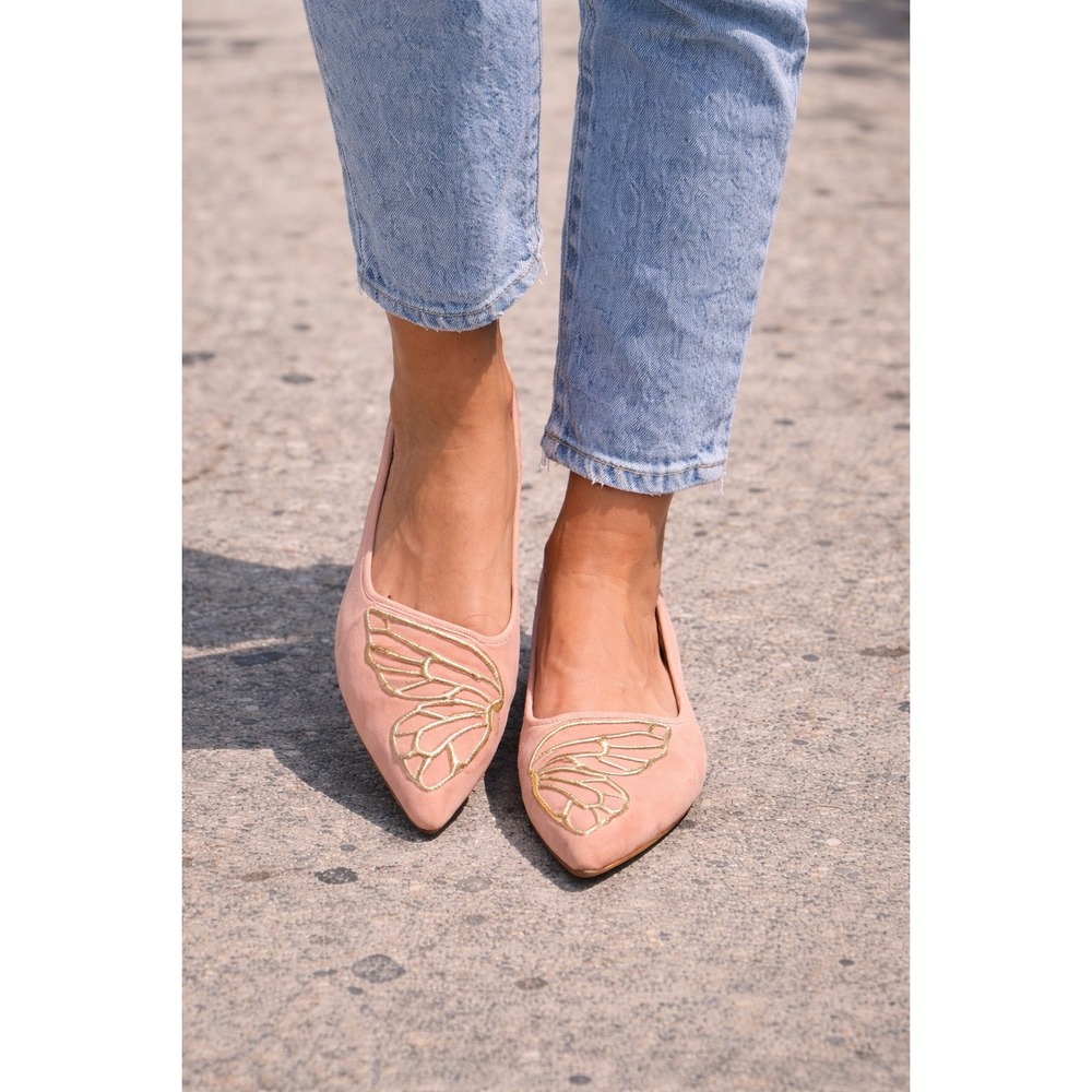 Sophia Webster Blush Pink Pointed Toe Flats with Gold Wing Embroidery